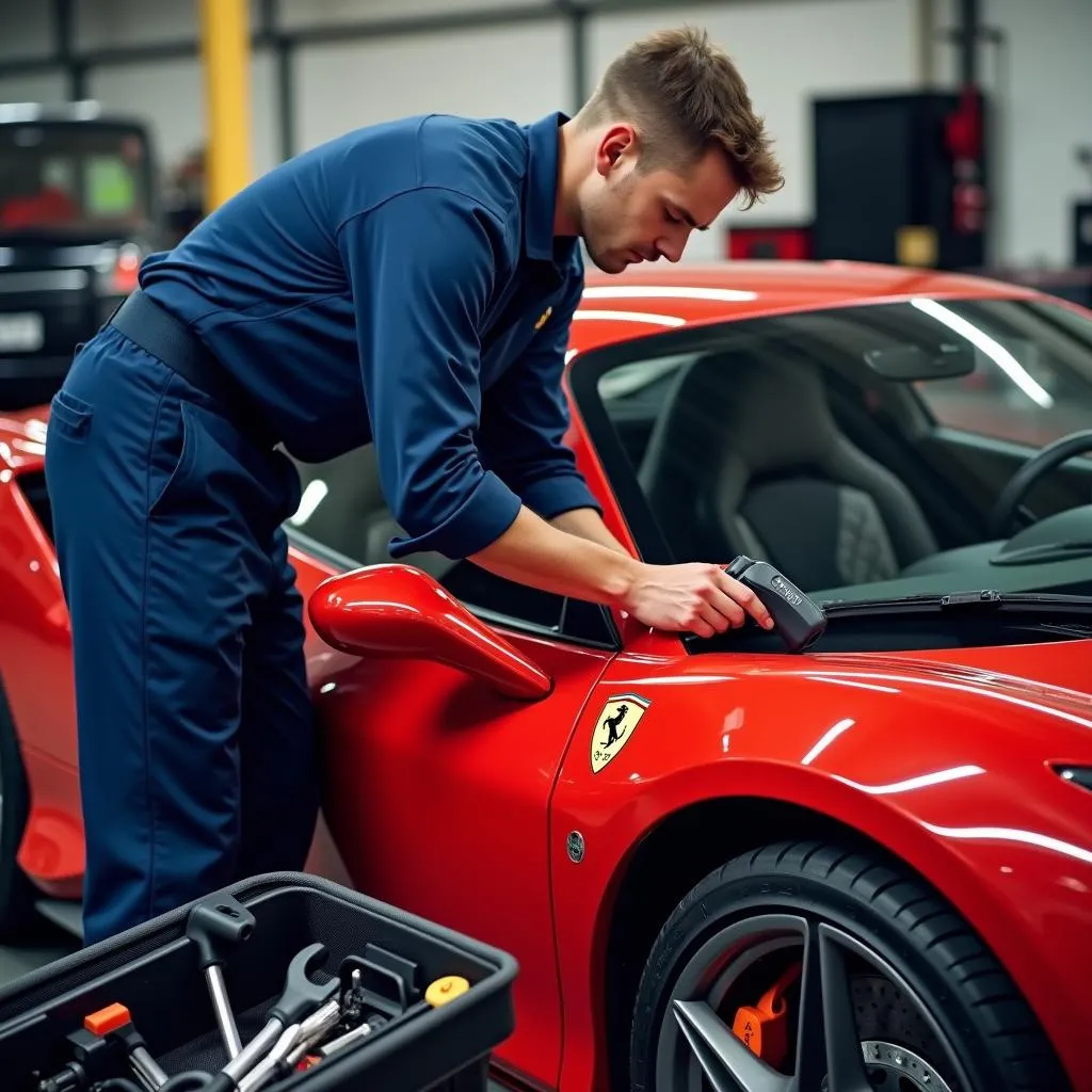 Mechanic Using Wireless OBD Scanner on European Car