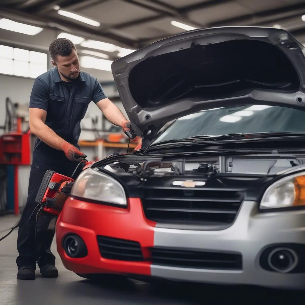 Mechanic using a diagnostic scanner on a Chevrolet Aveo