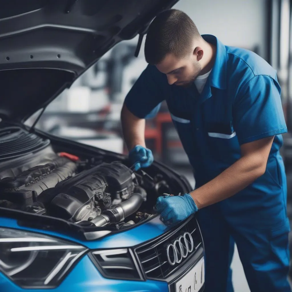 Mechanic working on an Audi engine