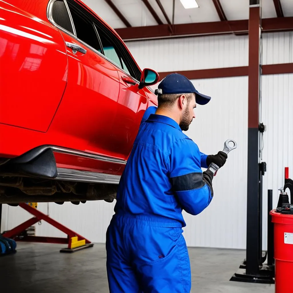 Mechanic working on car in a garage