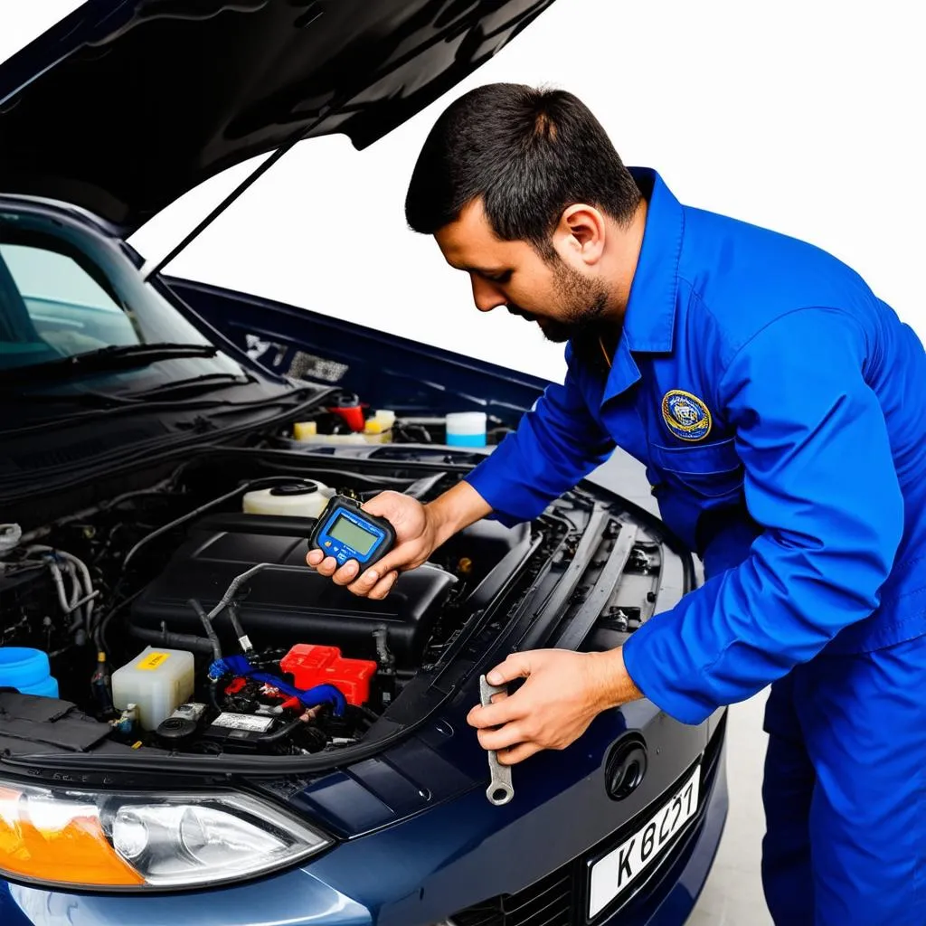 Mechanic working on a car engine with a diagnostic tool