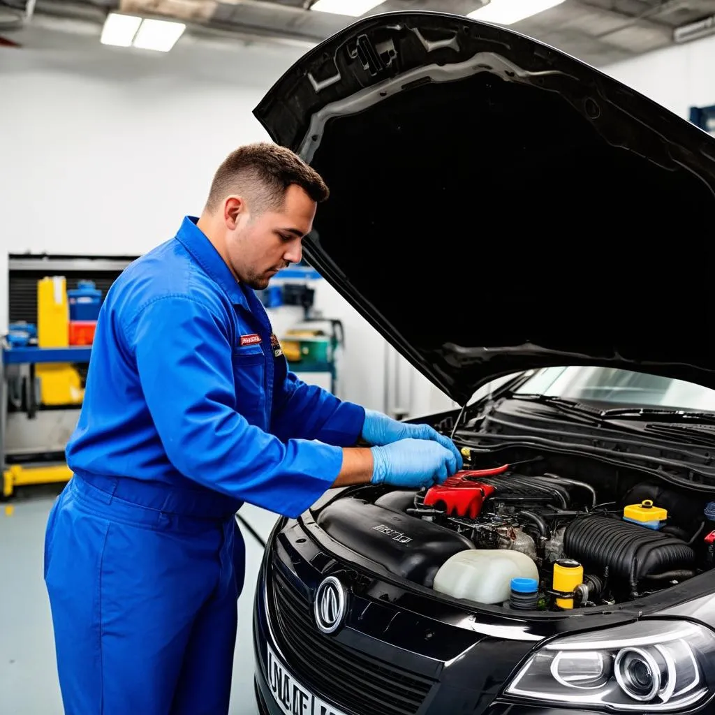 Mechanic working on car engine