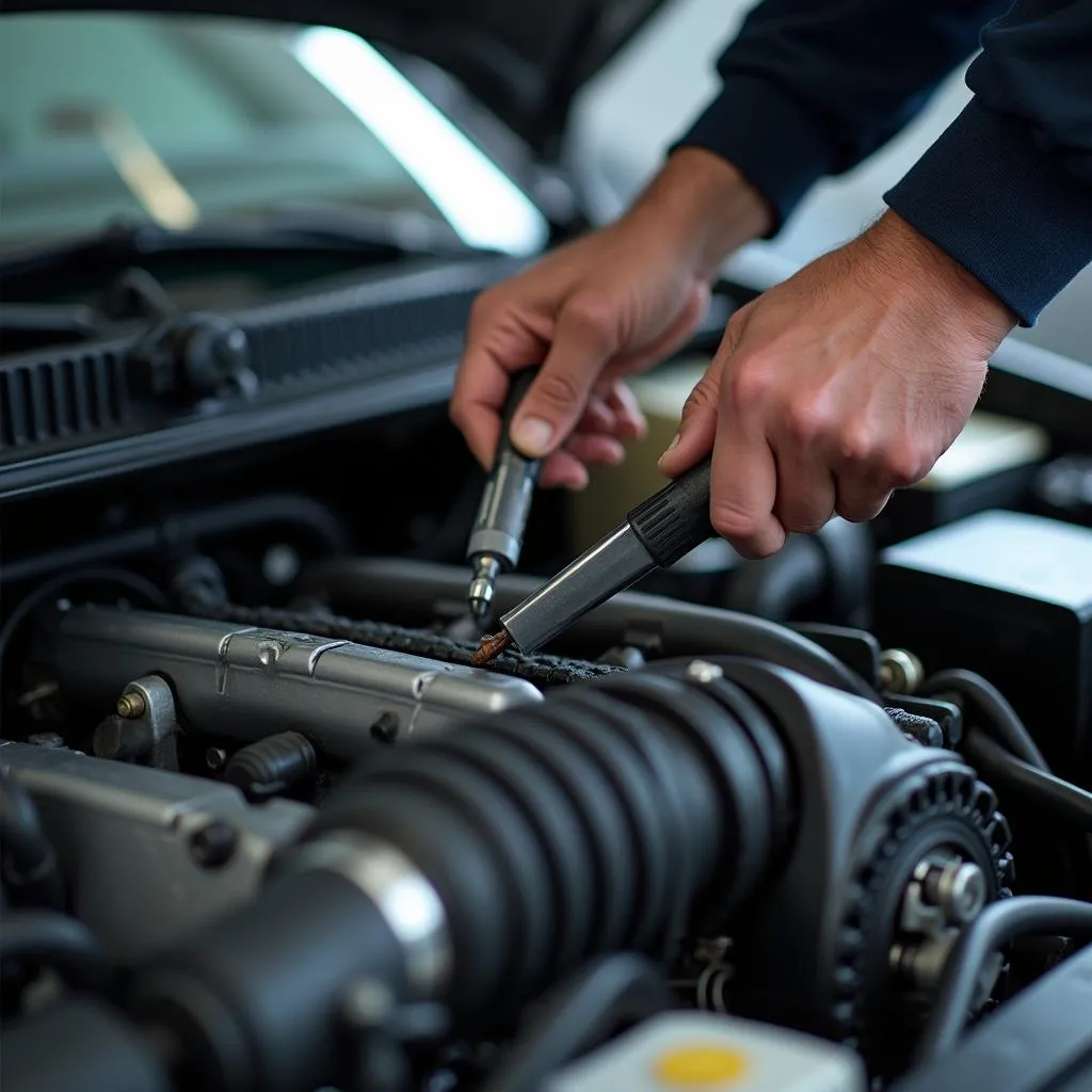 Experienced mechanic examining a car engine