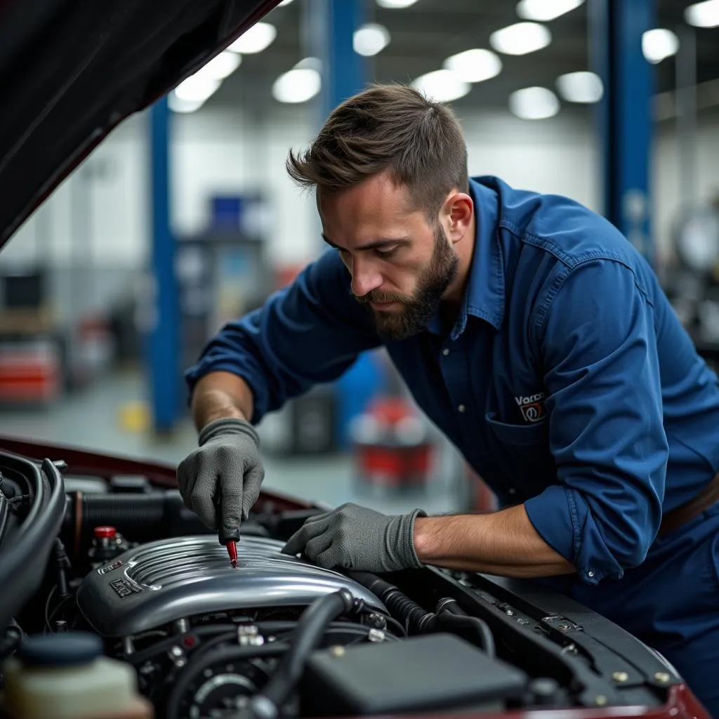 Mechanic working on car engine with specialized tools.