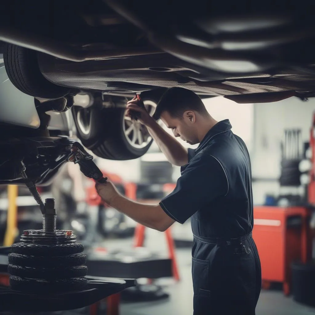 Professional Mechanic Working on Car Suspension