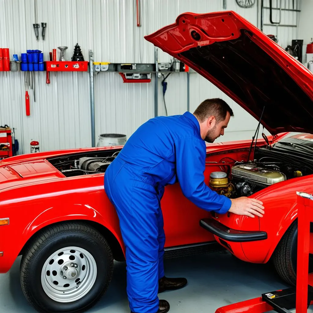 Mechanic inspecting the engine of a classic car in a workshop