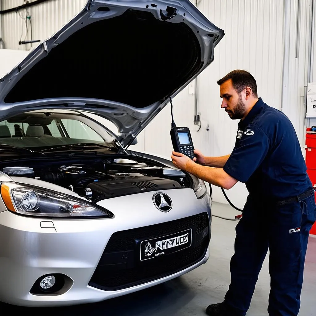 Mechanic Using Diagnostic Tool on European Car