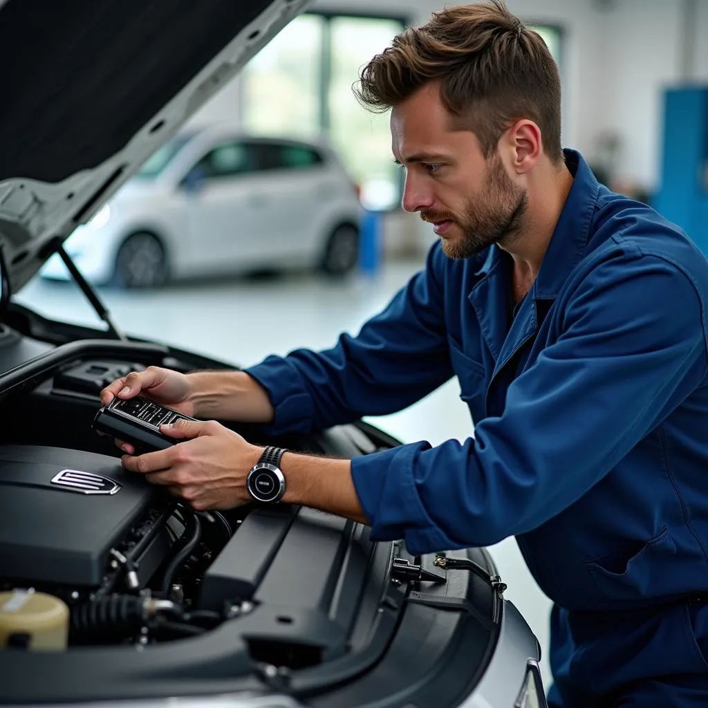 Mechanic using a diagnostic tool on a European car