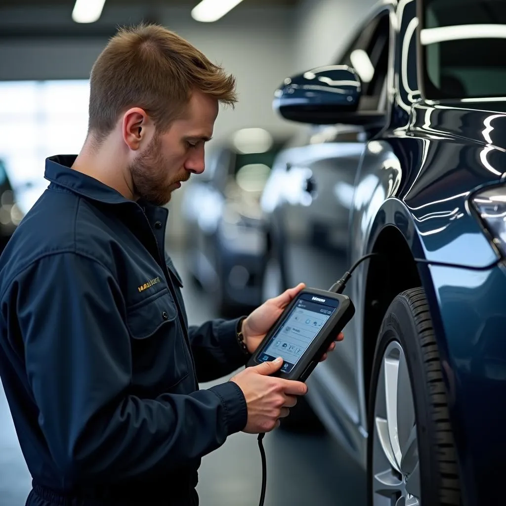 Mechanic Using Diagnostic Tool on European Car