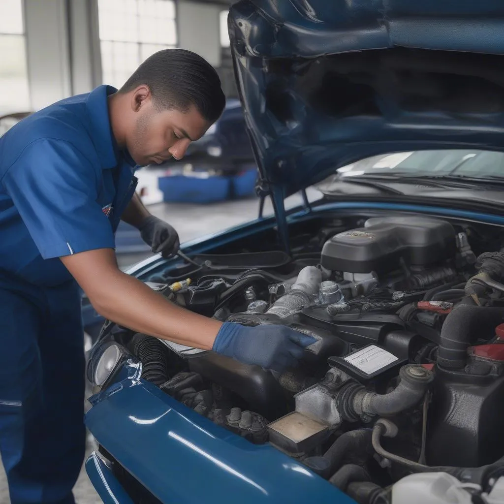 Mechanic Working on Ford Engine