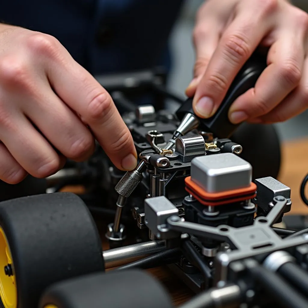 Mechanic fine-tuning a 1/10 RC sprint car engine