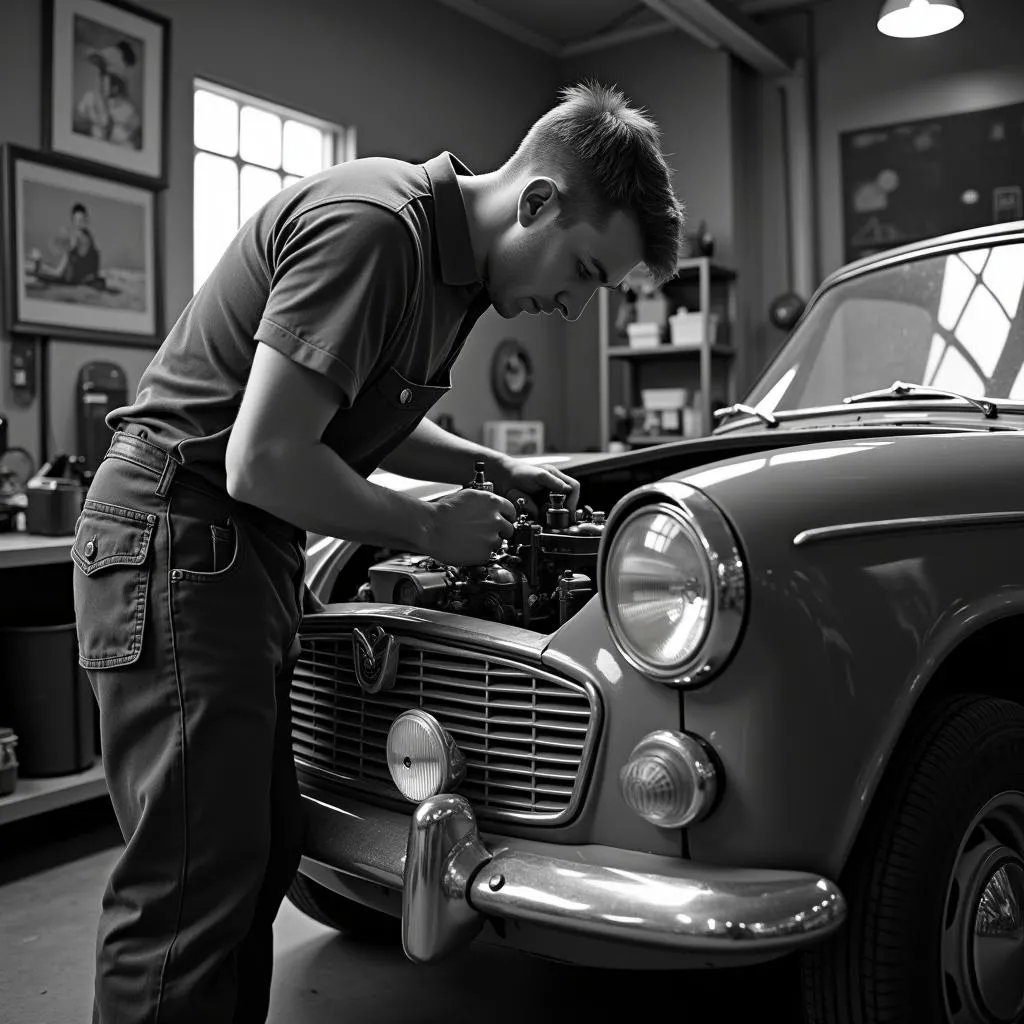 Mechanic Working on a Vintage British Car Engine