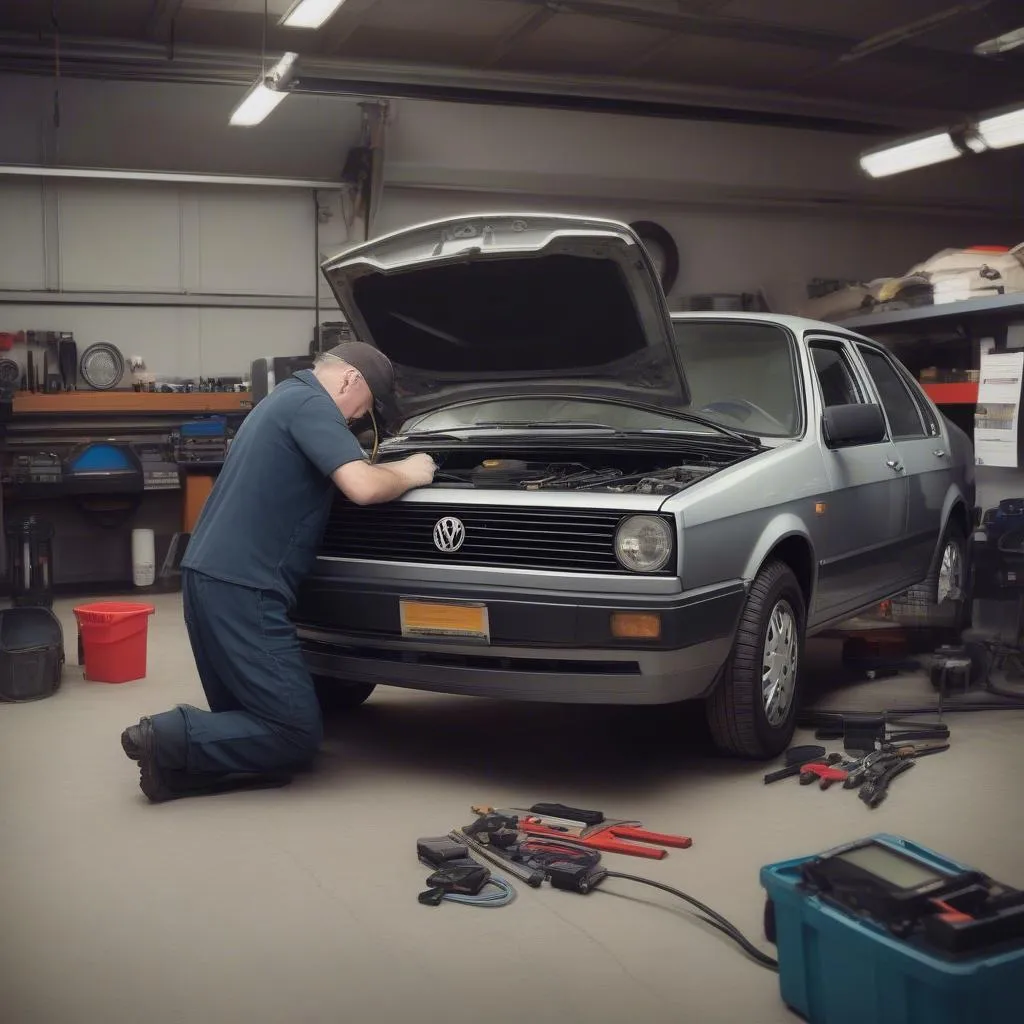 Mechanic Diagnosing a VW Jetta