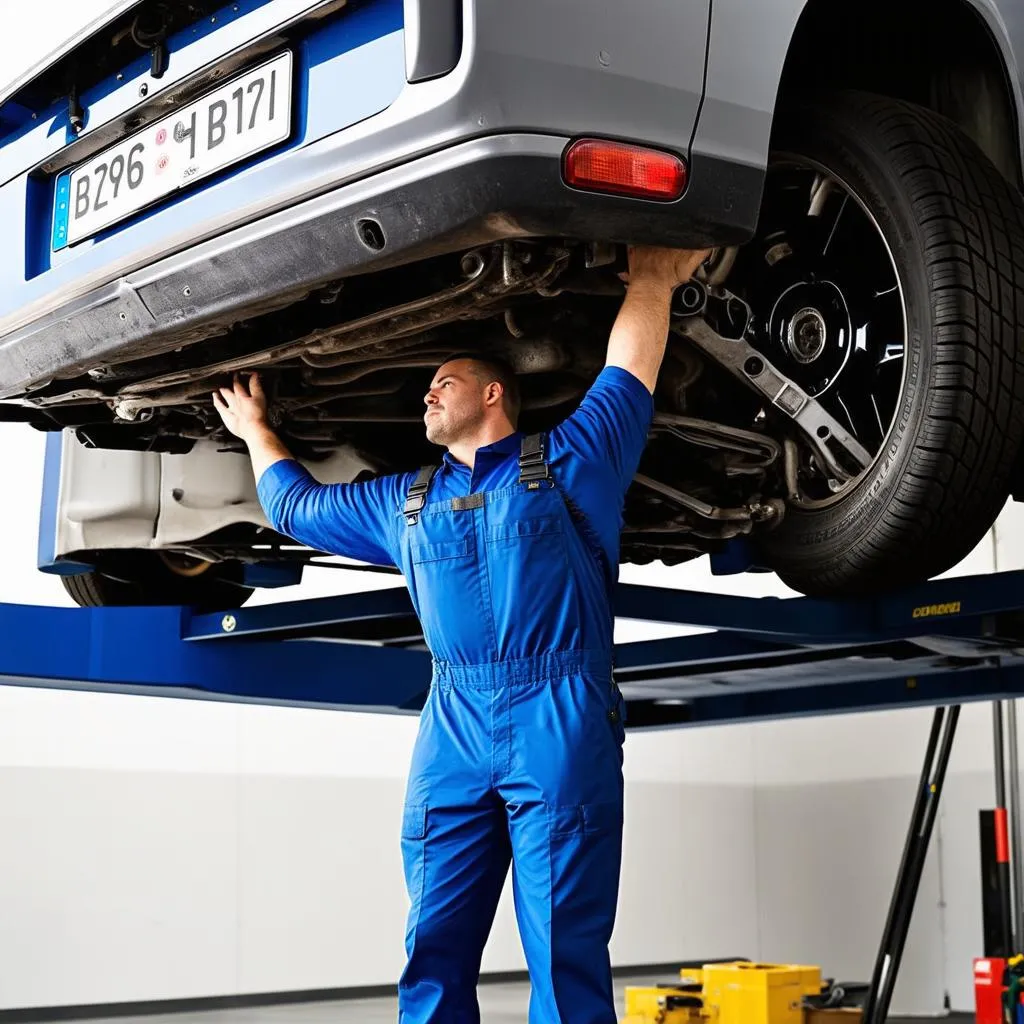 Mechanic Working Under Car on Lift