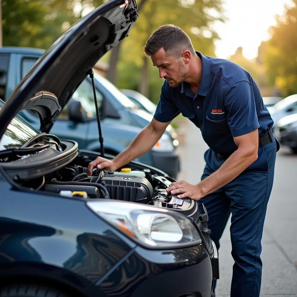 Mechanic Working on Car in Driveway