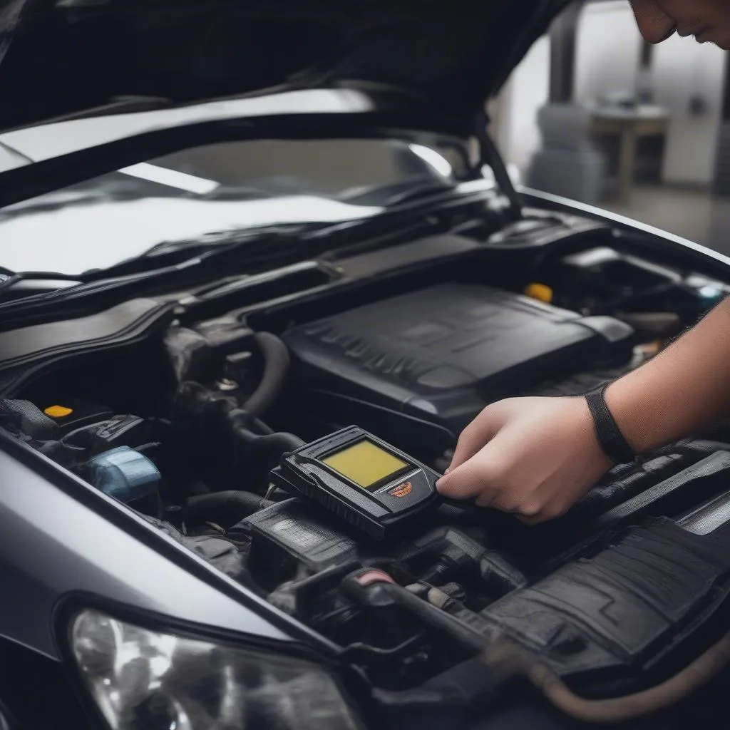 Mechanic examining car ECU