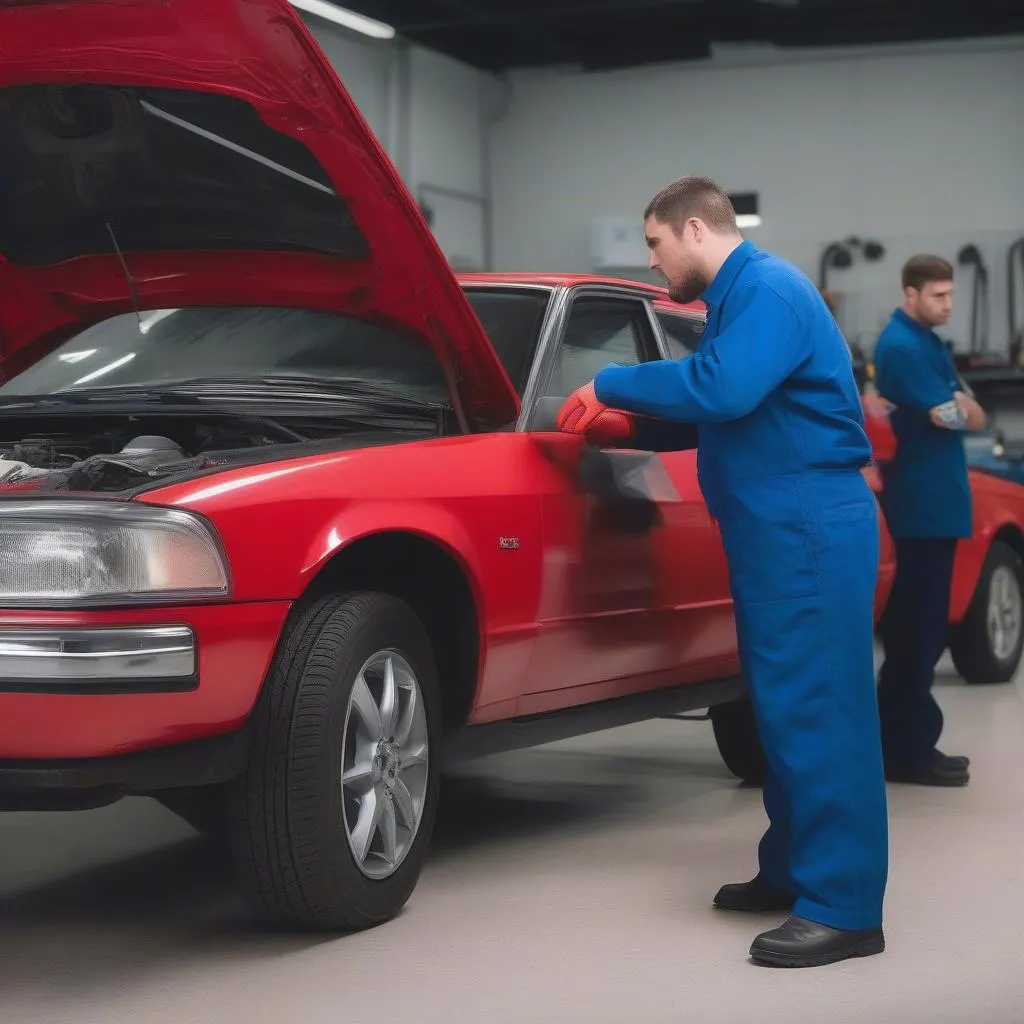 Mechanic attentively listening to a client describe car issues