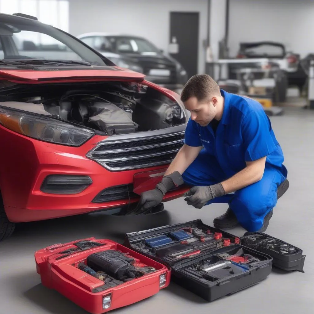 Mechanic Using OBD Scanner on a Car