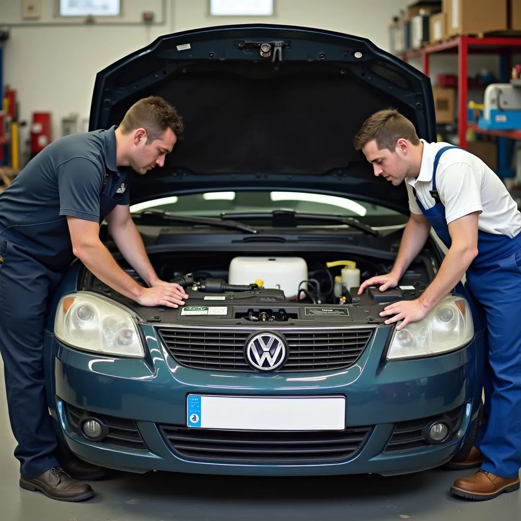 Mechanics Inspecting a Car Engine