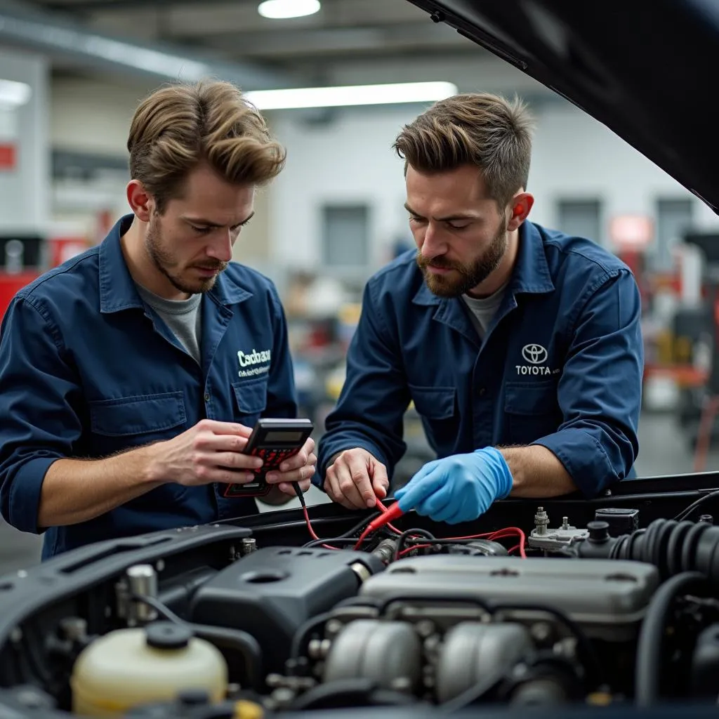 Mechanics Working on a Toyota Engine in a Garage