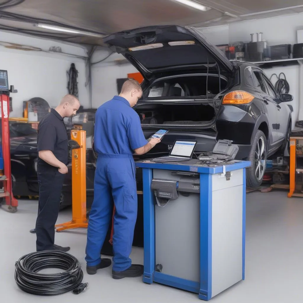 Mechanic using various diagnostic tools in a repair shop