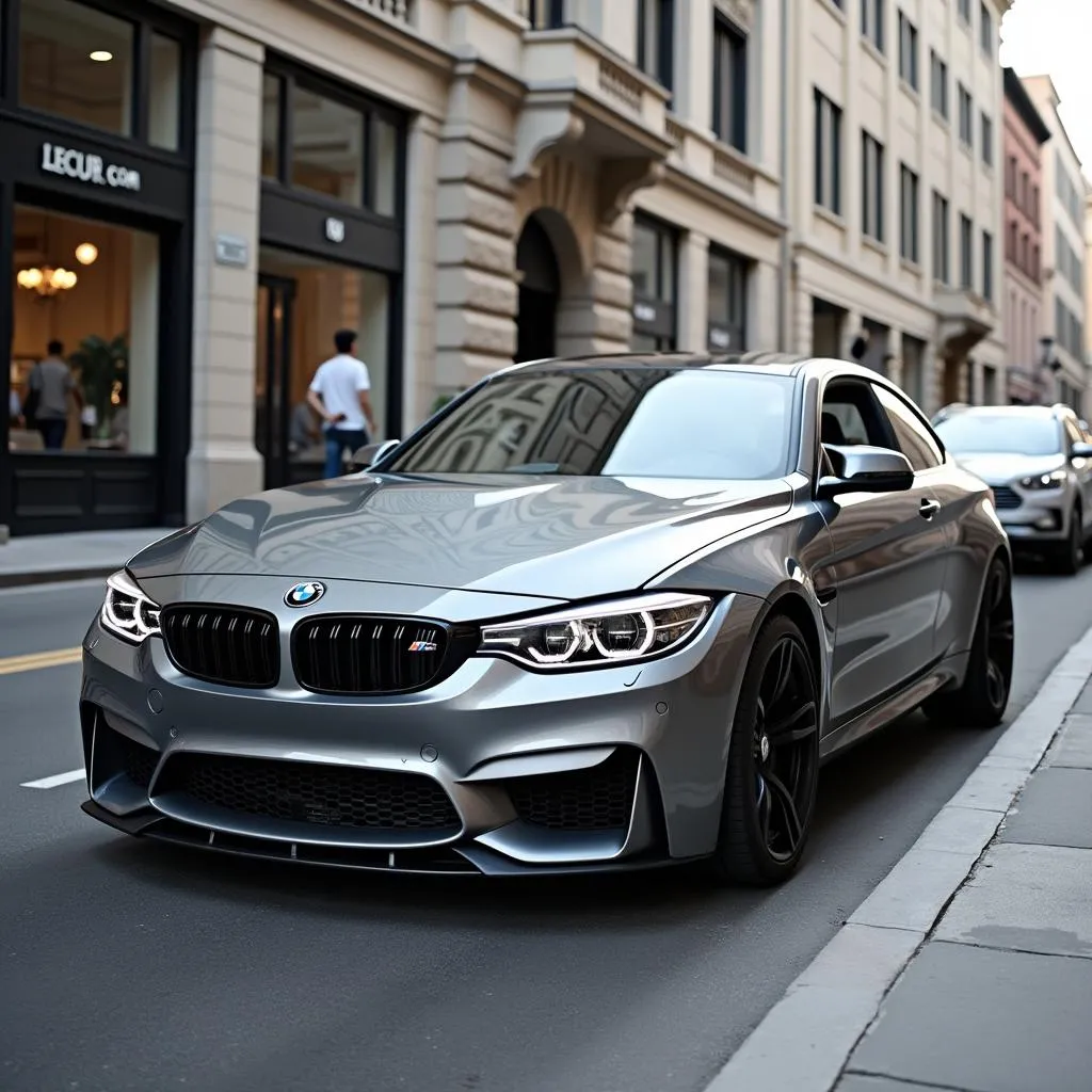 Metallic Grey BMW Parked on City Street