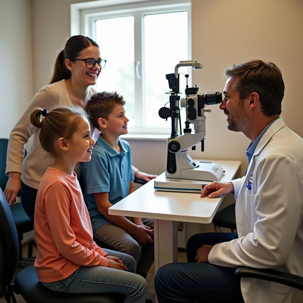 Family undergoing eye exam in a clinic