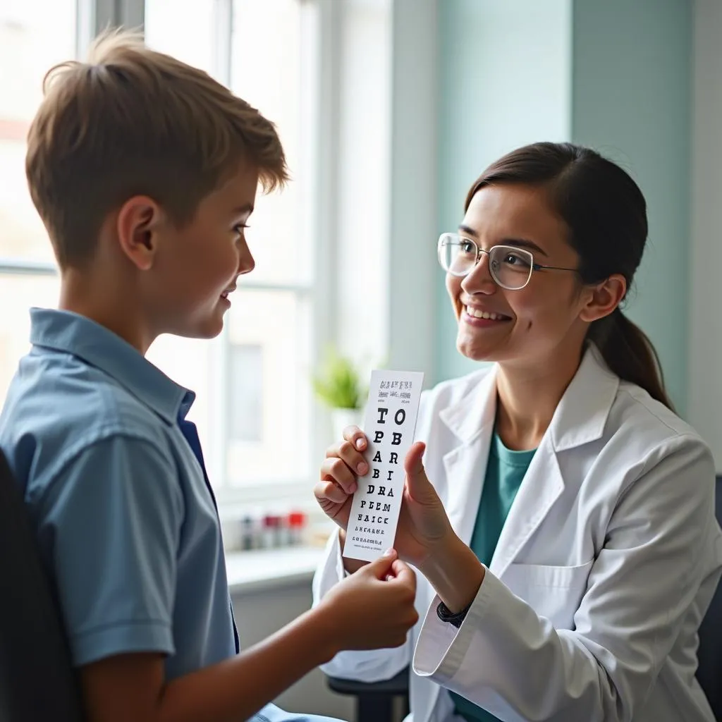 Optometrist explaining eye chart to young boy