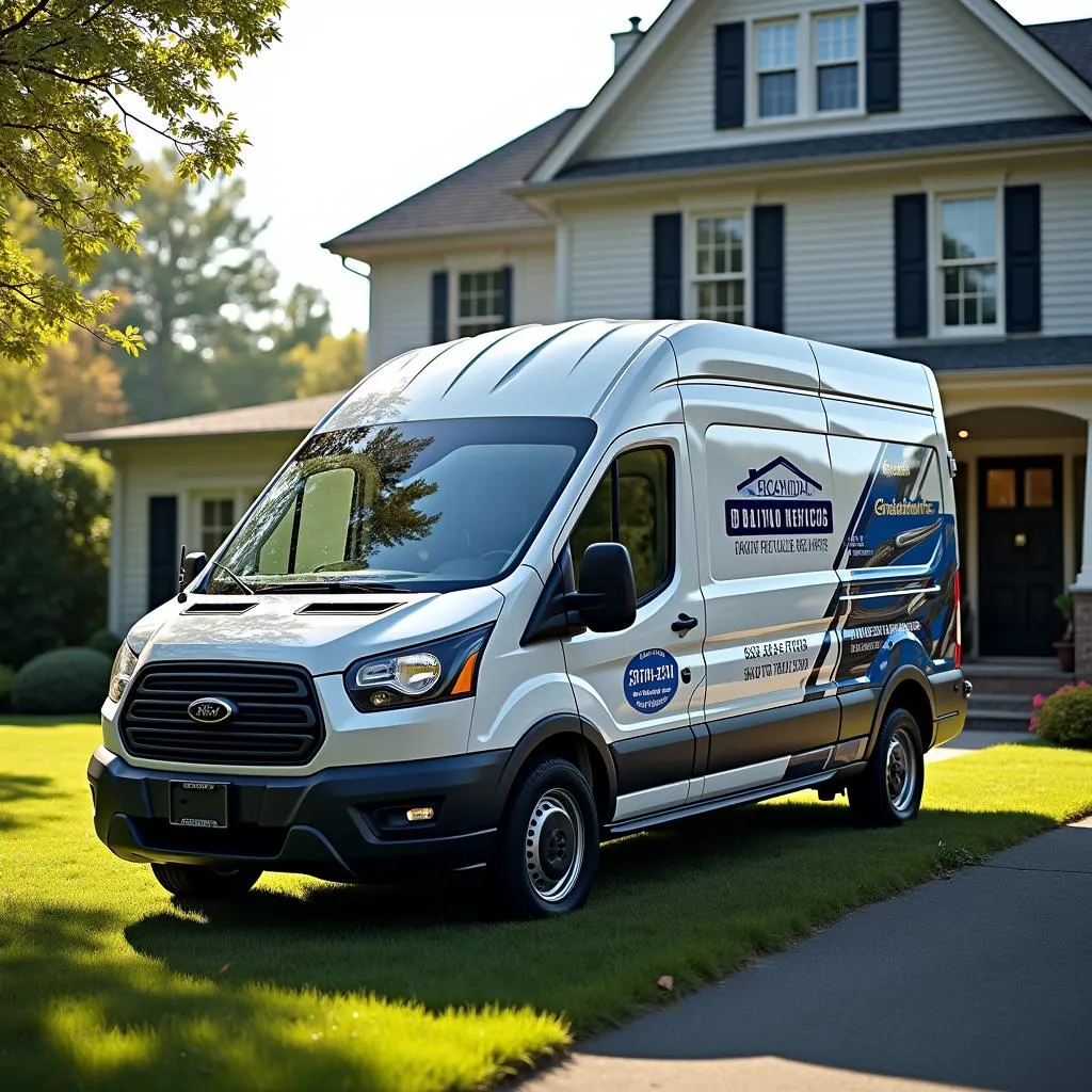 A mobile car repair van parked in front of a house.