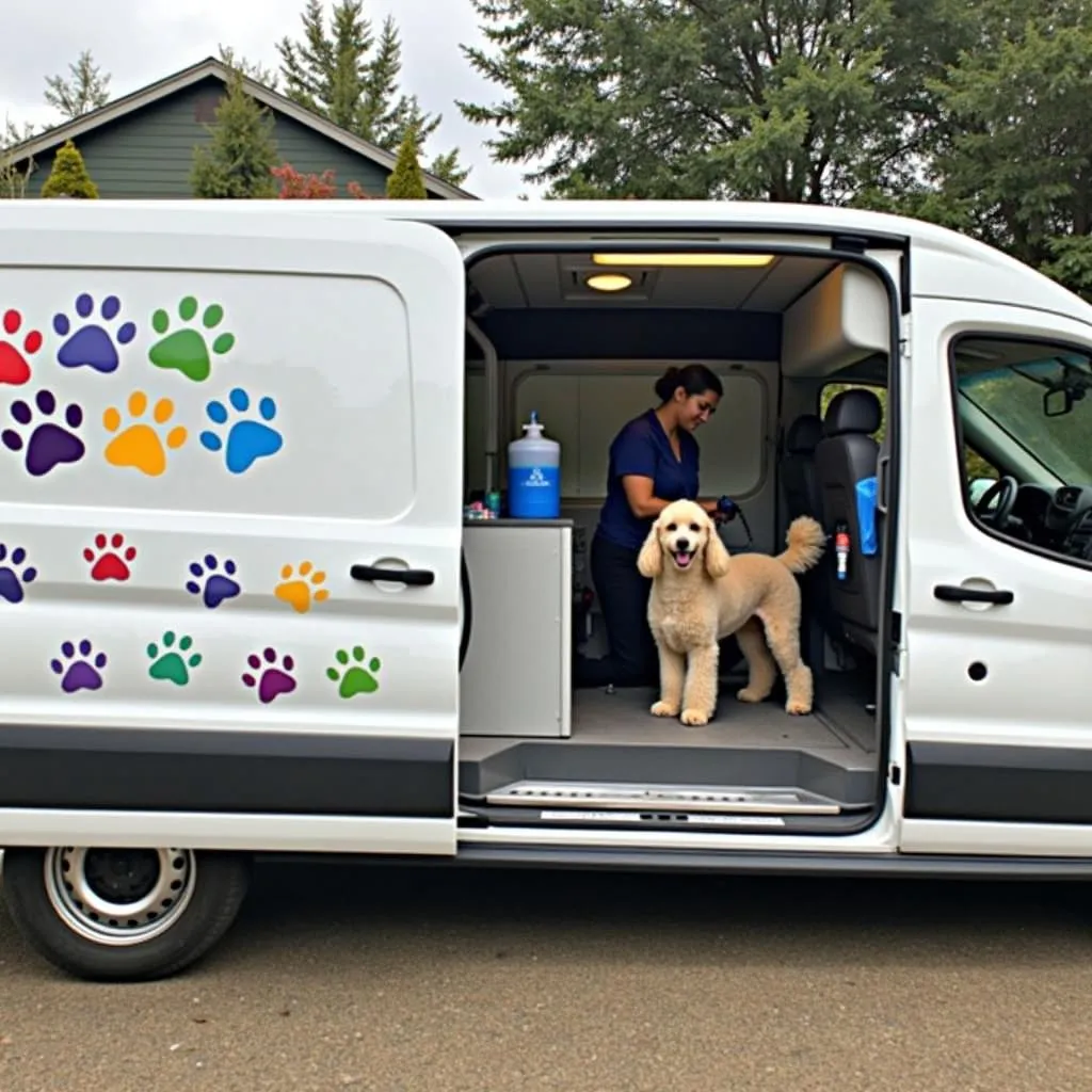 Mobile Dog Grooming Van Parked in a Driveway