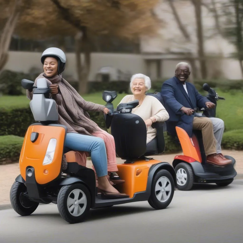 Group of people enjoying mobility scooters