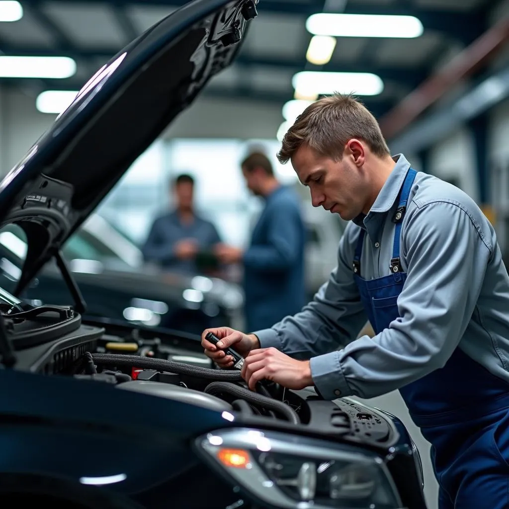 Mechanic working in a modern car repair shop