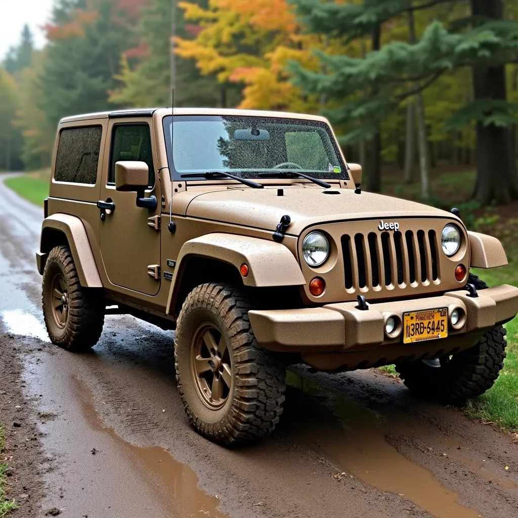 Muddy Jeep Wrangler parked on a dirt road in Vermont