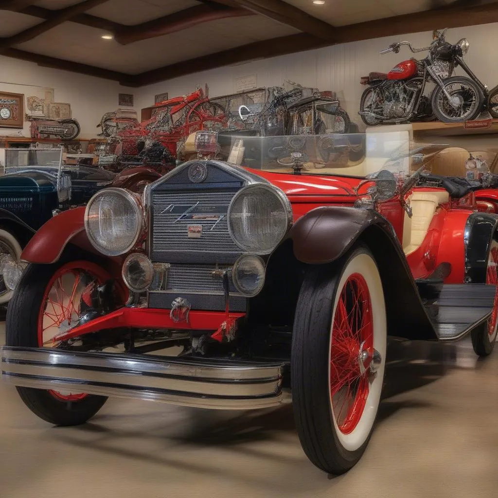 Classic cars and vintage motorcycles at the Nocona Car Museum in Texas