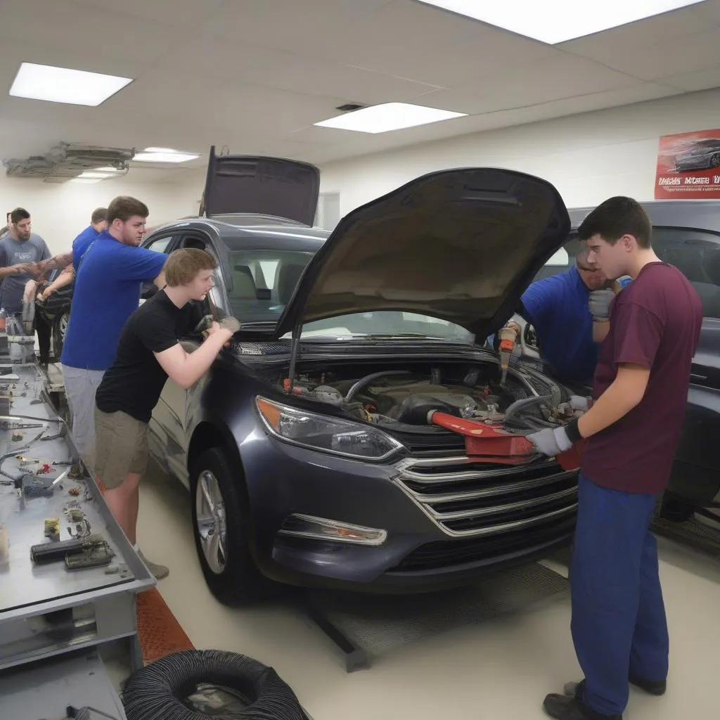 Students at the North Montco Technical Career Center learning automotive repair techniques