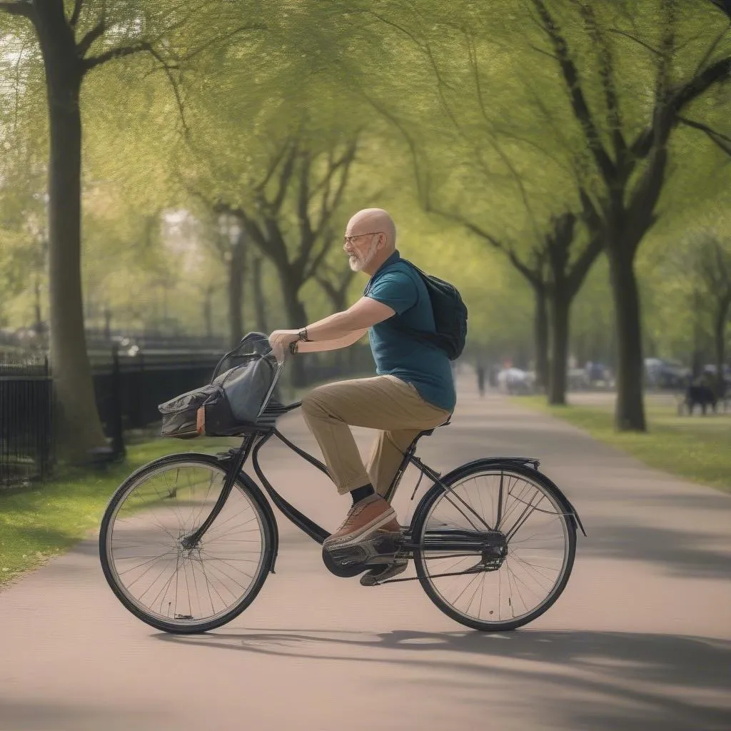 A man walking his dog and riding a bike in a park