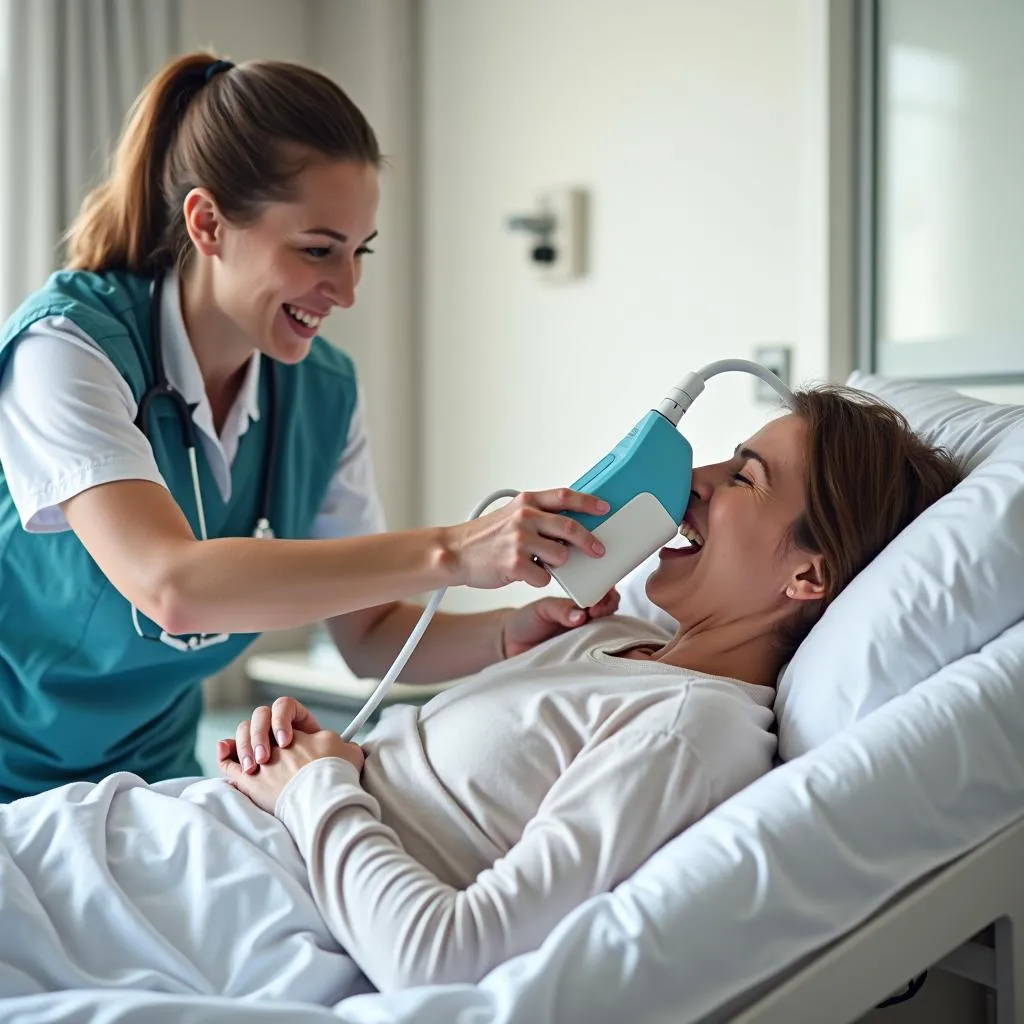 Nurse assisting patient with deep breathing exercises