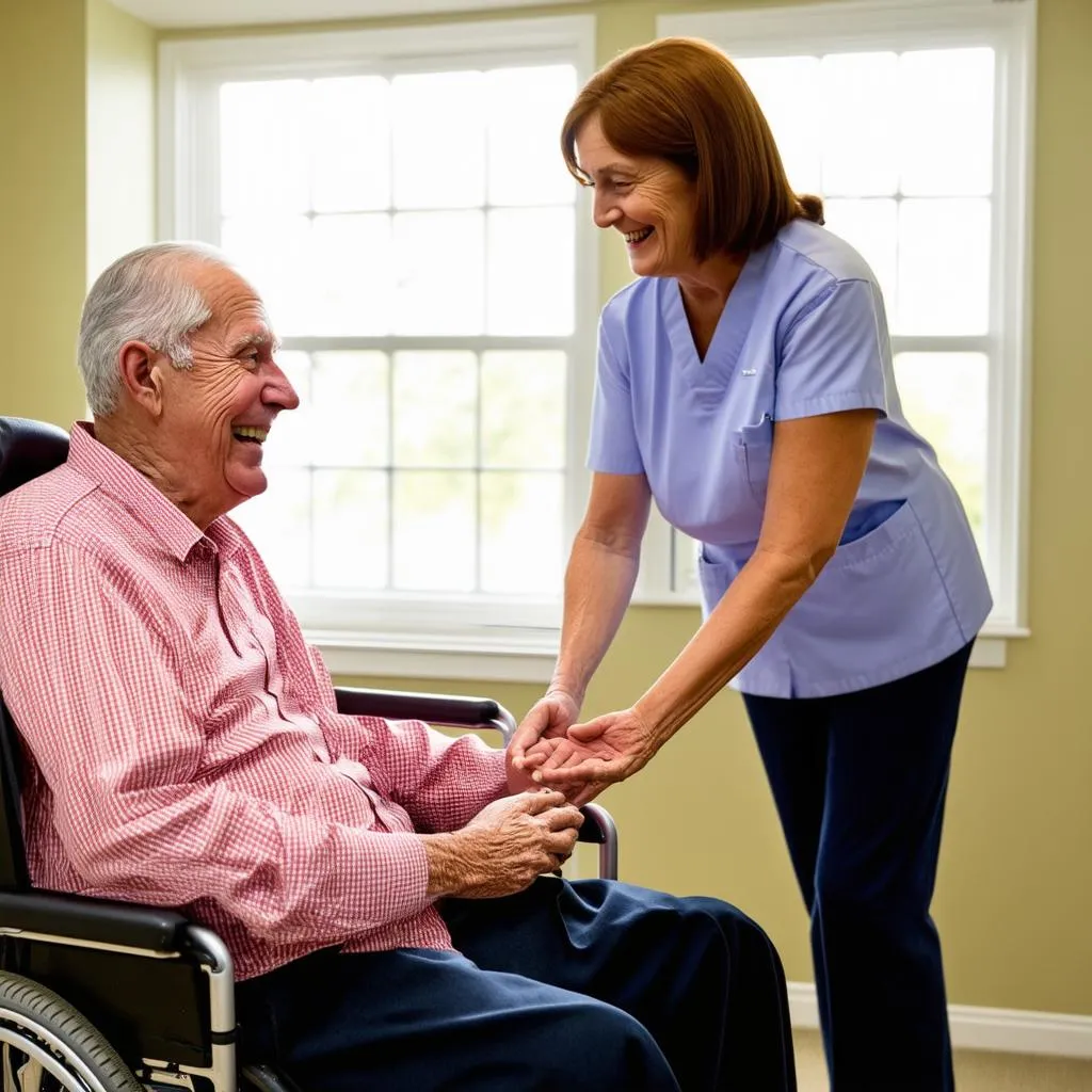 A friendly nurse assists an elderly resident in a well-lit nursing home.