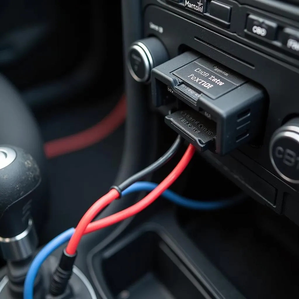 OBD breakout box connected to a car's OBD-II port.