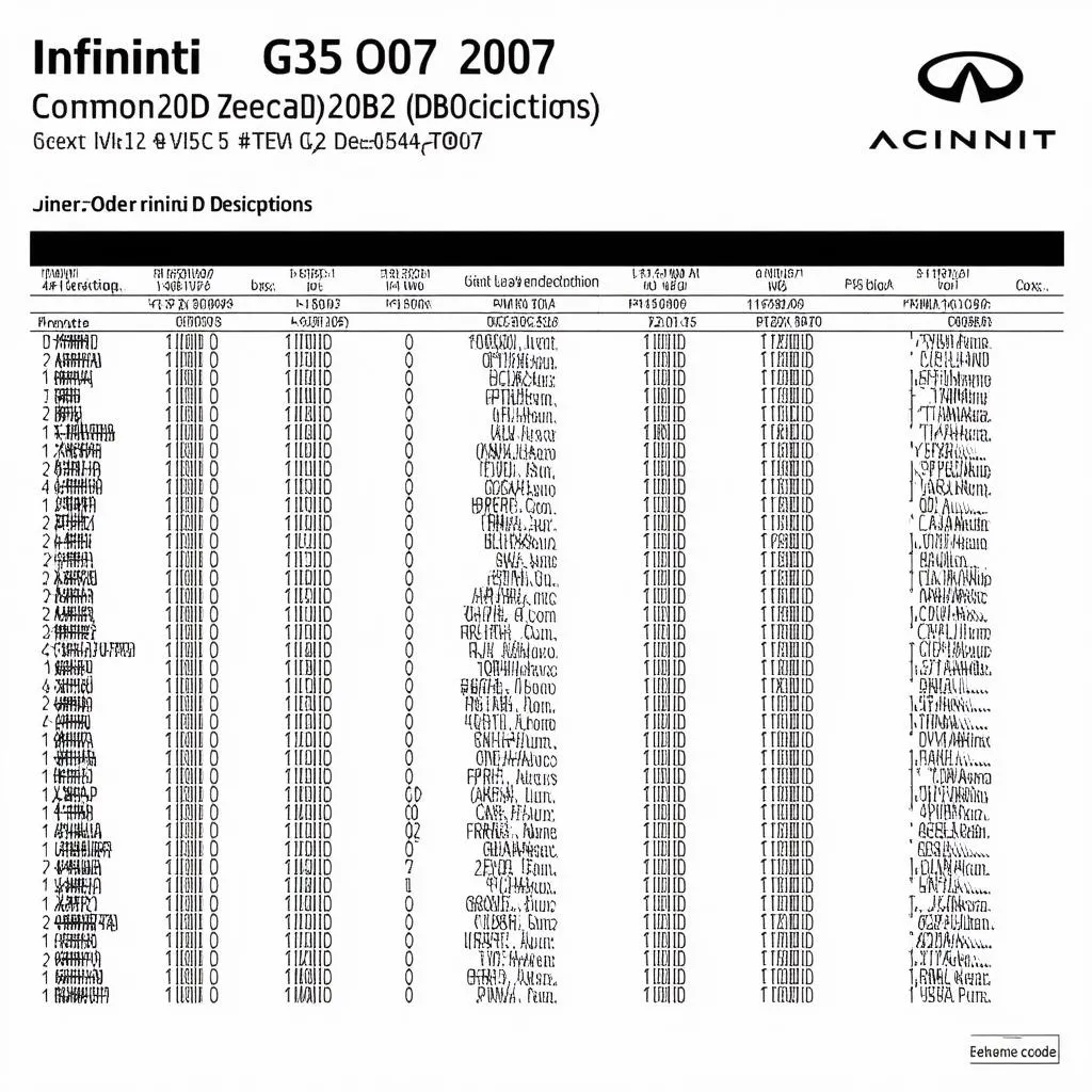 Infiniti G35 2007 OBD Code Chart