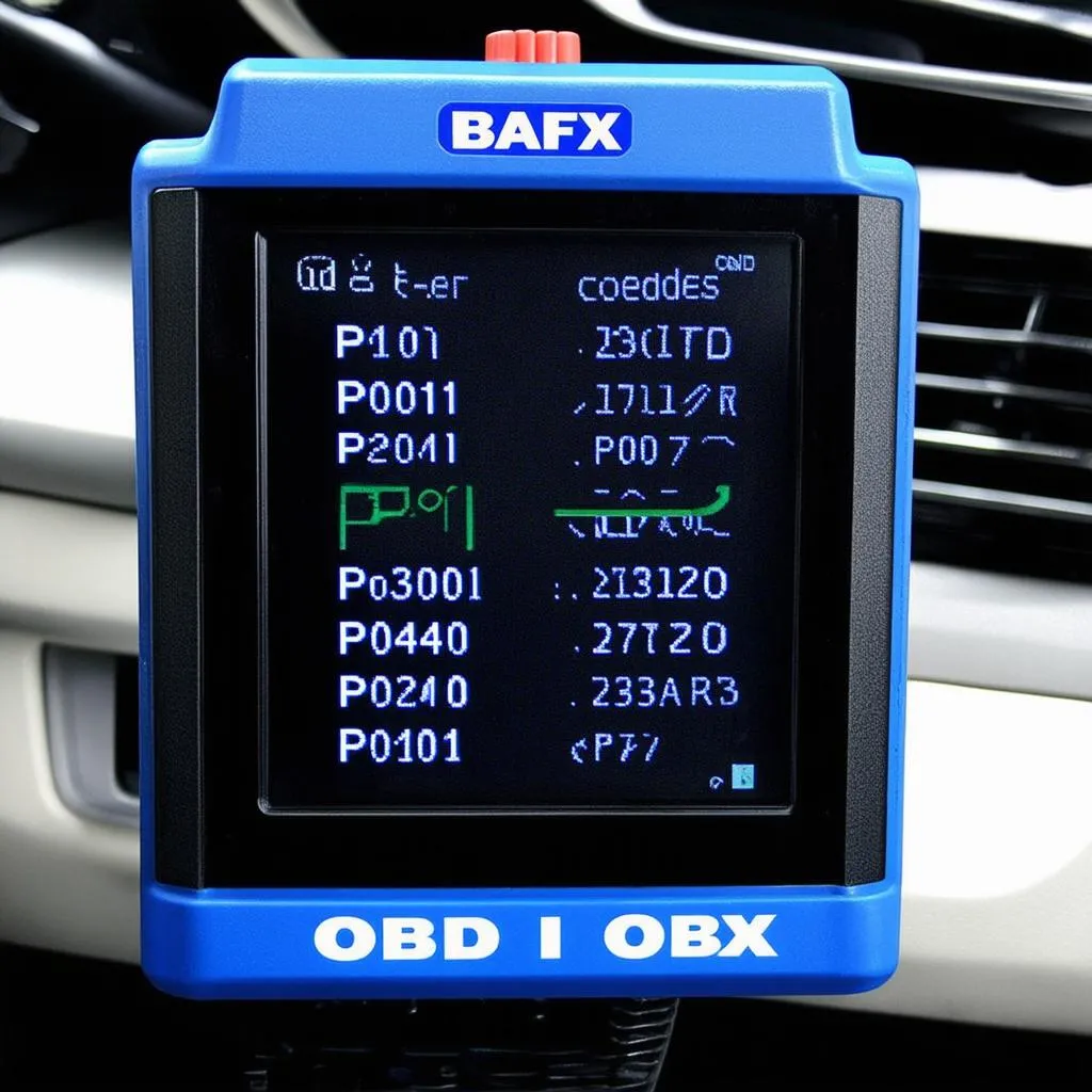 A close-up view of an OBD II code reader display