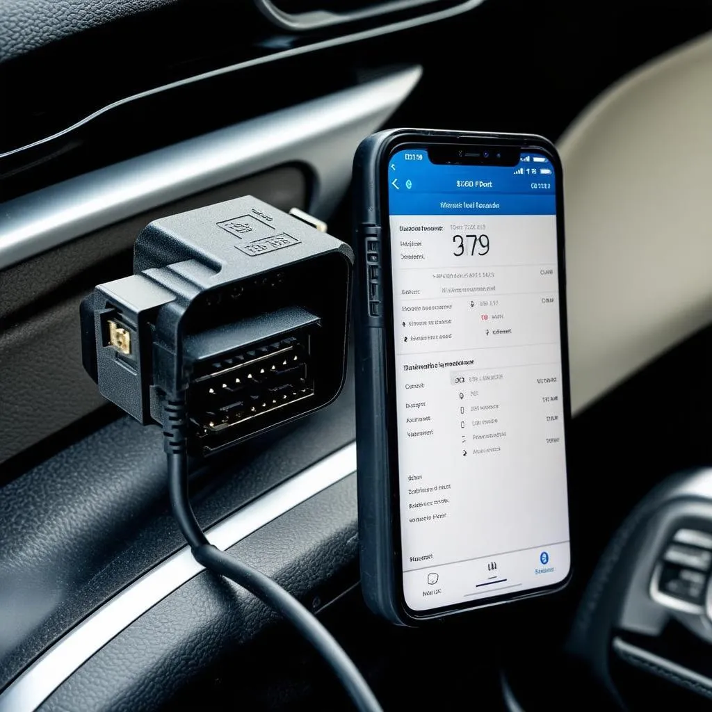 OBD reader plugged into a car's OBD port and connected to a smartphone via Bluetooth.