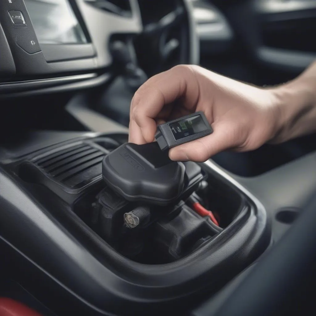 OBD reader plugged into a Peugeot 208