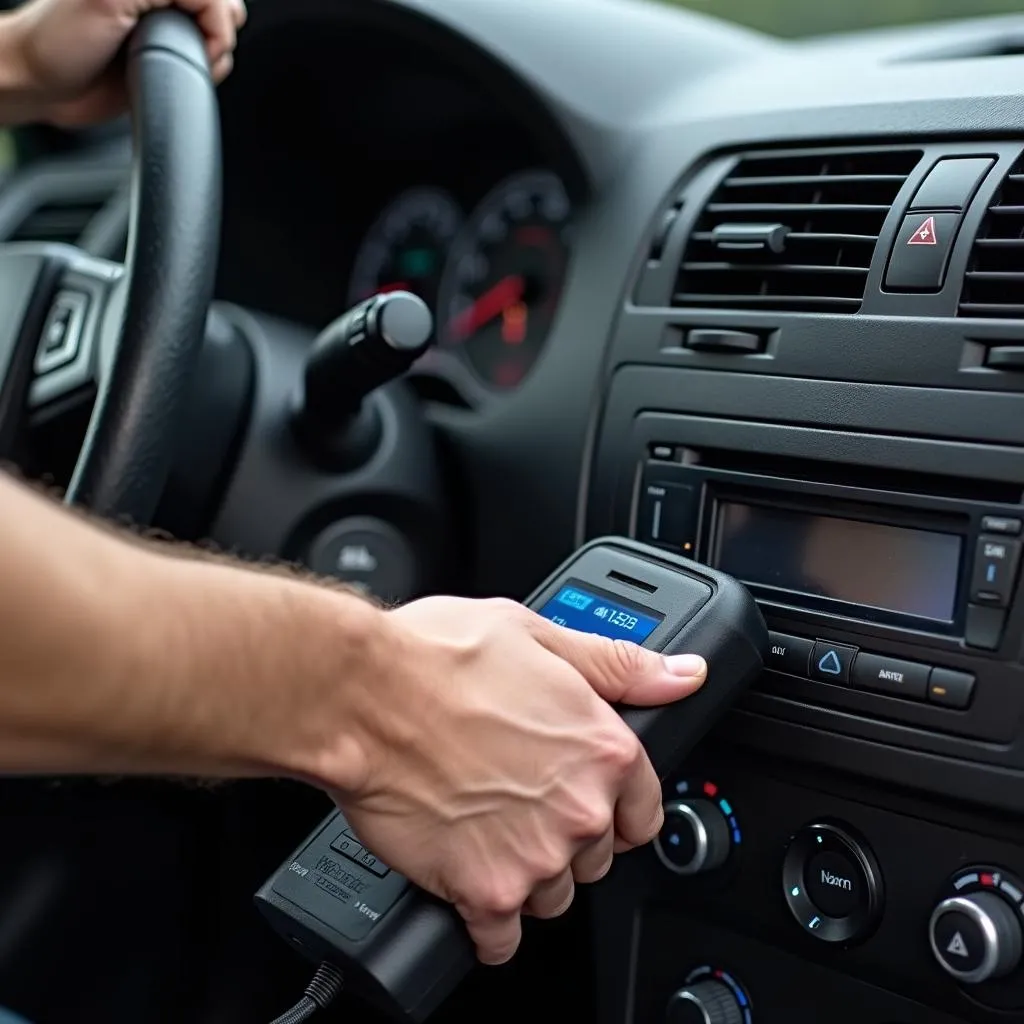 Mechanic connecting an OBD scanner to a car engine