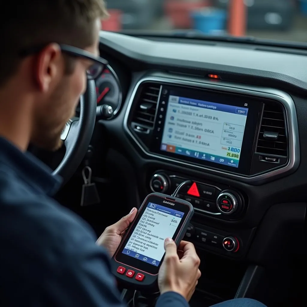 Mechanic using OBD Scanner on a Car