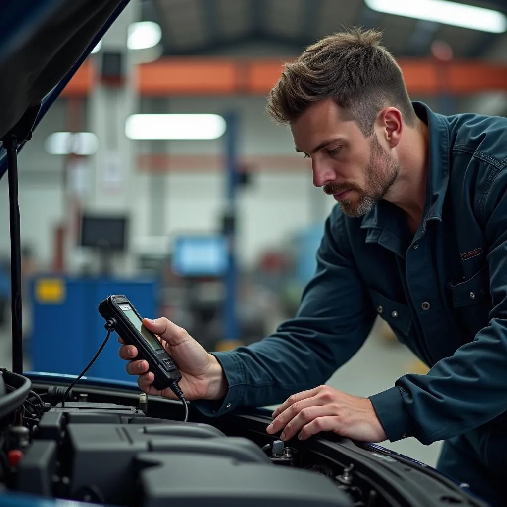 Mechanic using an OBD scanner on a vehicle