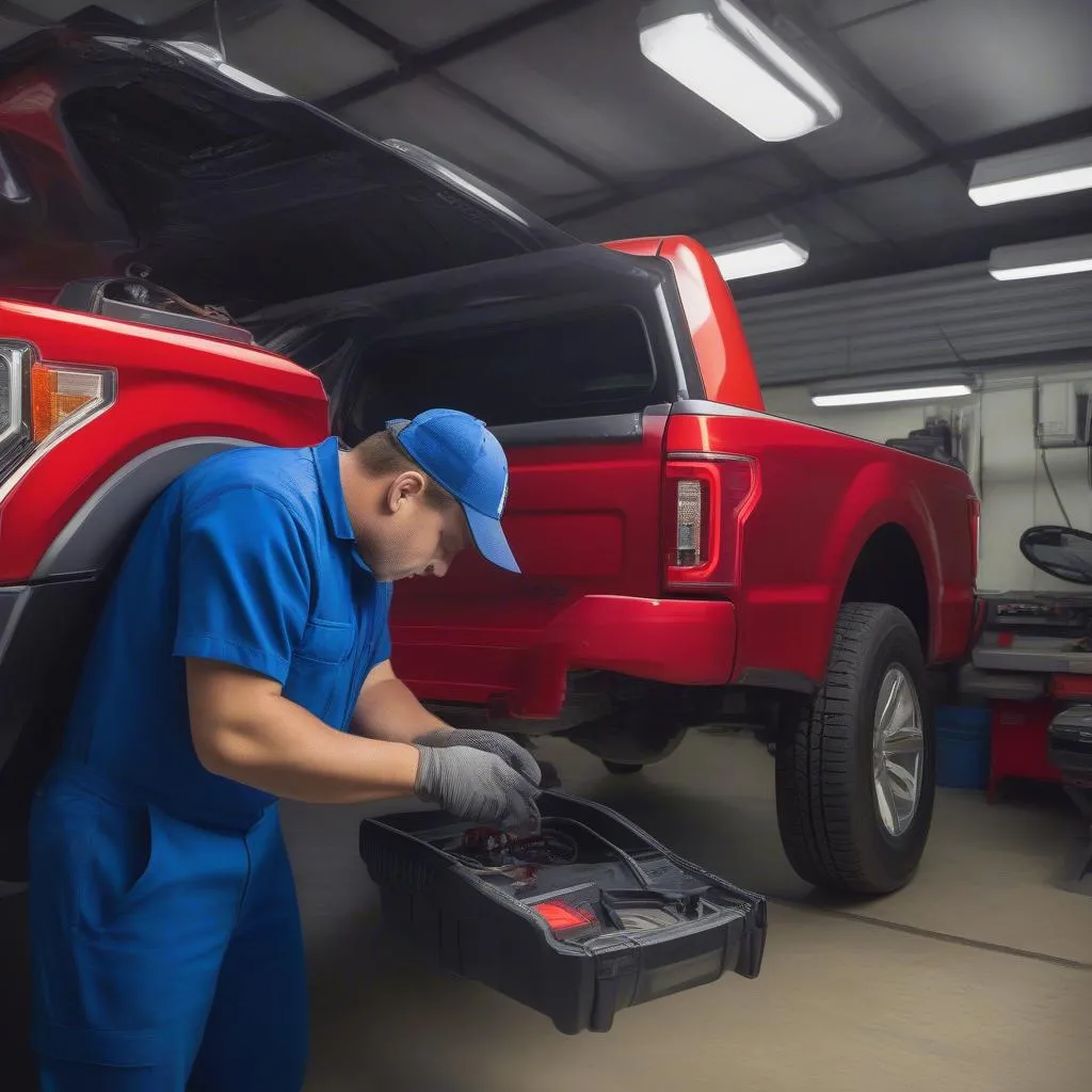 Mechanic Using OBD Scanner on a Ford Truck