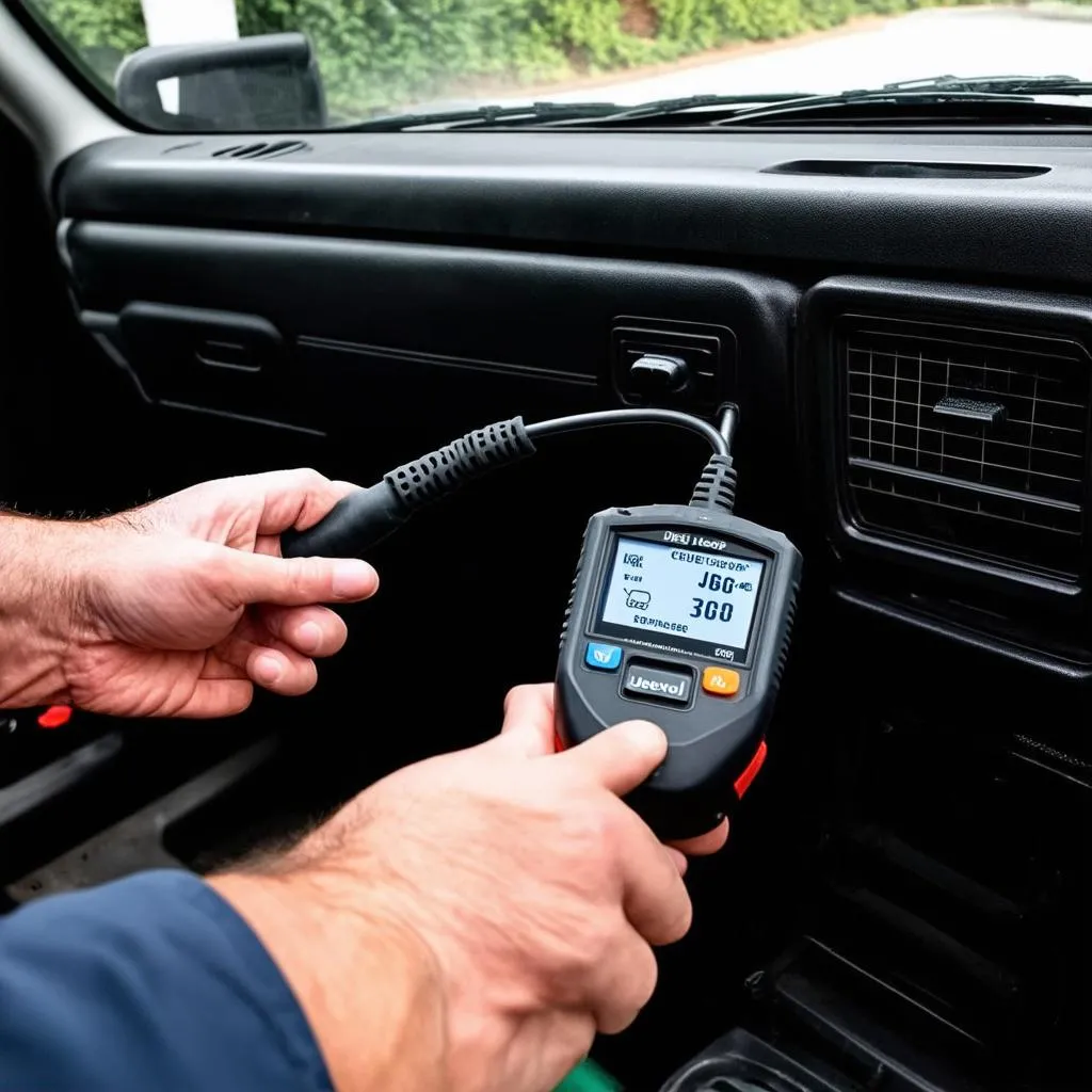 Mechanic using OBD Scanner on a Jeep Cherokee