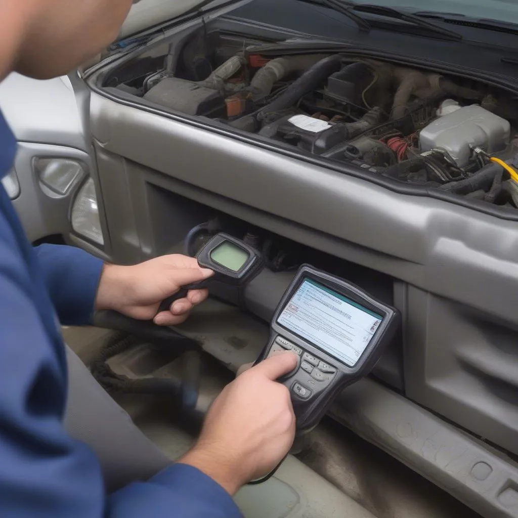 A mechanic using an OBD scanner to diagnose a 1998 Lincoln Navigator 4x4