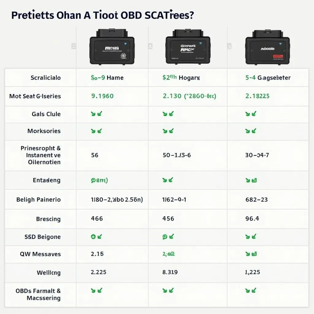 A table showcasing different types of OBD scanners, from basic to professional-grade, with their features and approximate price ranges.